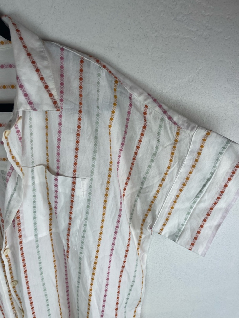 Madewell White Short-Sleeve Button-Down with Red, Gold, and Green Stripes - Picture 3 of 5